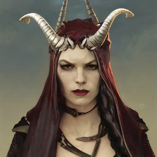 Image similar to portrait of a surly and resentful female tiefling thief with small horns clothed in leather armor and a cloak, angry expression, by Greg Rutkowski and John Collier and Krenz Cushart and Artem Demura and Alphonse Mucha and Albert Aublet, as seen on ArtStation, 4k, dungeons and dragons, very aesthetic, very detailed, intricate, unreal, fantasy, dramatic, painterly, artstation, sharp focus, smooth