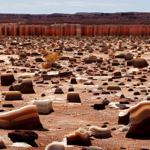 Image similar to a desolate arid landscape with pillars of banded agate reaching the sky