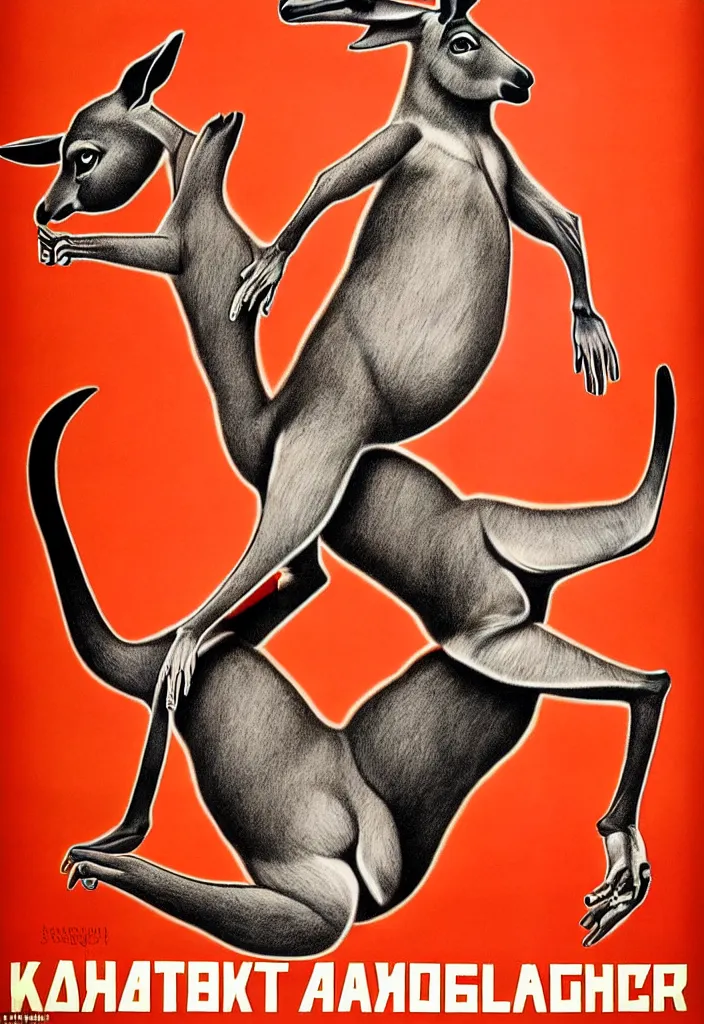 Image similar to kangaroo boxer, anatomically correct, style of soviet poster