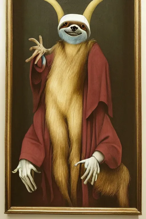 Image similar to silly hieronymus bosch creature. framed oil painting portrait of a sloth man with a silly hat and fancy felt robes. muted colour palette. negative space