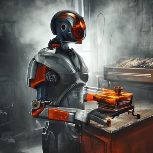 Image similar to cyborg with toaster oven chest, dark messy smoke - filled cluttered workshop, dark, dramatic lighting, orange tint, sparks, cinematic, highly detailed, sci - fi, futuristic, movie still