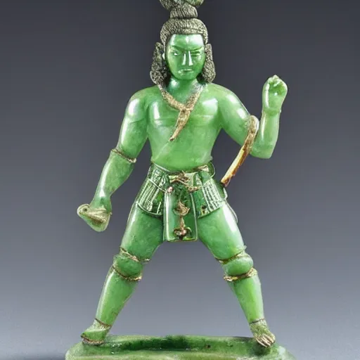 Image similar to detail miniature jade sculpture of a warrior, full view, high detail