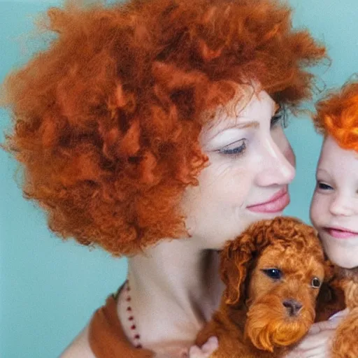 Image similar to a beautiful pale woman with orange hair holding both a curly headed baby boy and also a brown poodle, abstract