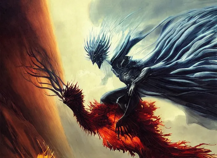 Prompt: nameless king riding a giant dark phoenix, storm king, beksinski, wayne barlowe, ruan jia, dark soul concept art