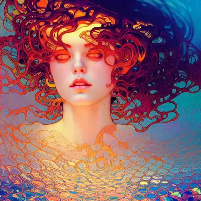 Image similar to mind bending ocean waves of glossy psychedelic liquid honey drops flowing like kaleidoscopic translucent amber, lsd waves, lsd ripples, crystal clear, backlit, sunset, refracted lighting, art by collier, albert aublet, krenz cushart, artem demura, alphonse mucha