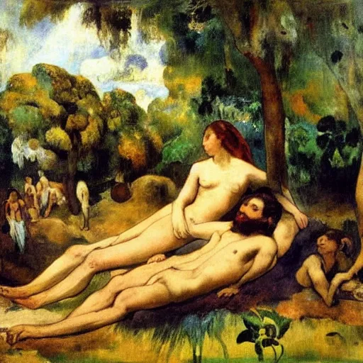 Image similar to a couple in the garden of eden, peaceful, painted by Eugene Delacroix, Paul Gauguin, Edward Hooper, 8k, Peter Doig, abstract oil paint, detailed, realistic, small spot of melting paint drips all over