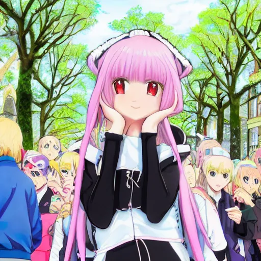 Image similar to blonde - haired princess, anime princess, wearing black jacket and white leggings, looking through crowd, town street, festival street, trees, green trees, blue lighting, blue sunshine, strong lighting, strong shadows, vivid hues, ultra - realistic, sharp details, subsurface scattering, intricate details, hd anime, 2 0 1 9 anime