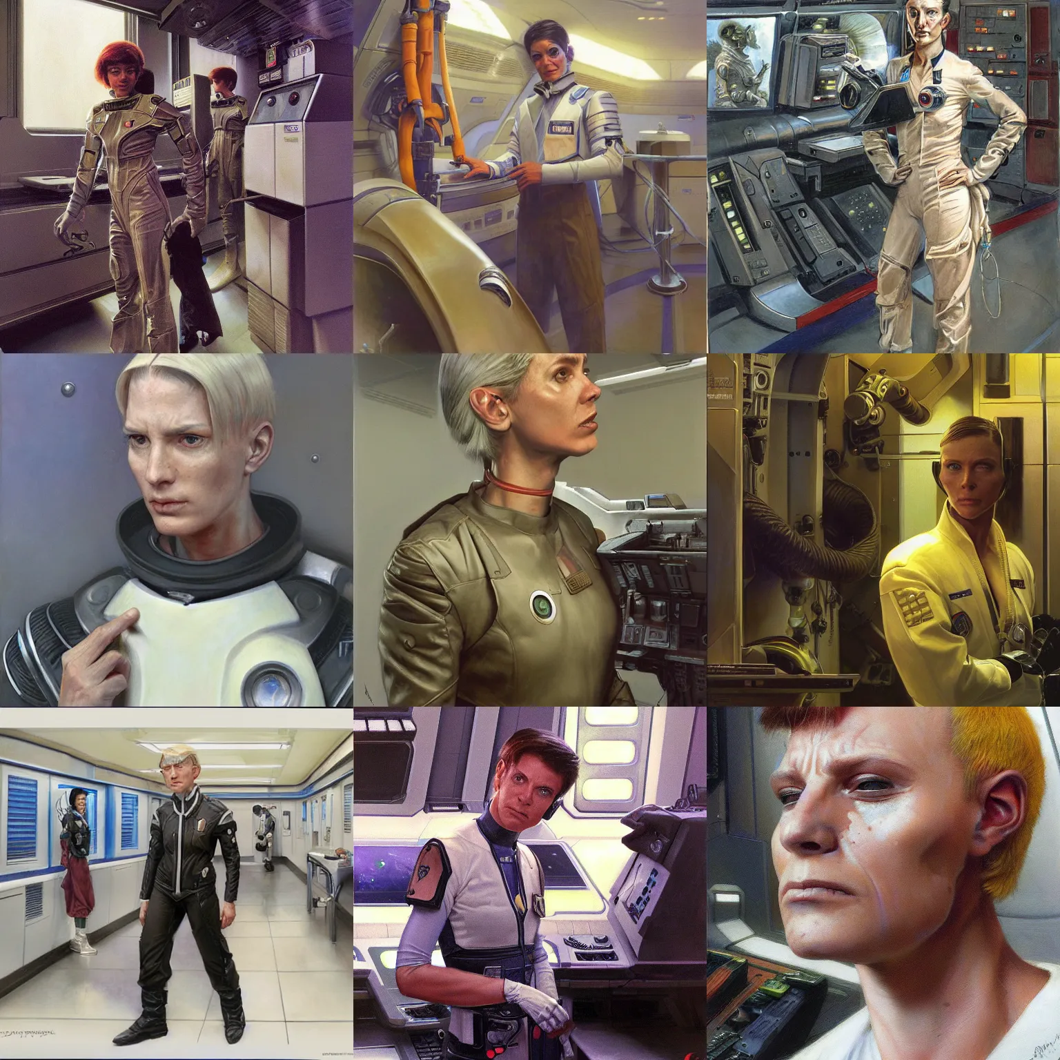 Prompt: futuristic starship crew member, androgynous, working at their station, candid, sci fi character portrait by Donato Giancola, Craig Mullins