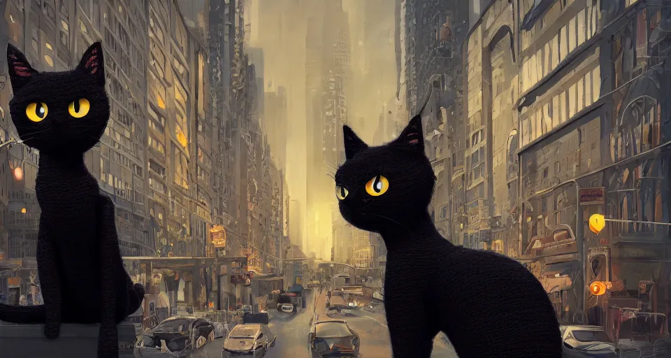 Prompt: black cat in a city made of yarn, hyperdetailed, artstation, cgsociety, 8k