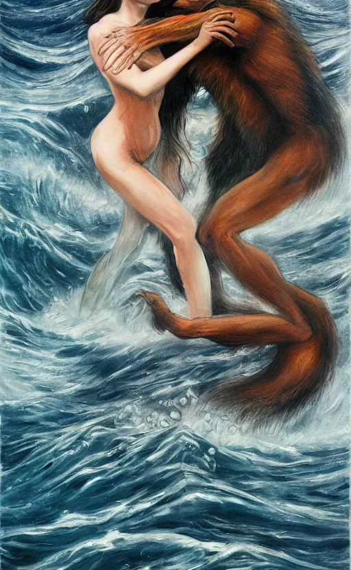 Prompt: amazing detailed beautiful painting of a woman and a werewolf in a passionate embrace in a turbulent ocean, by francis bacon. hd. hq. trending on artstation