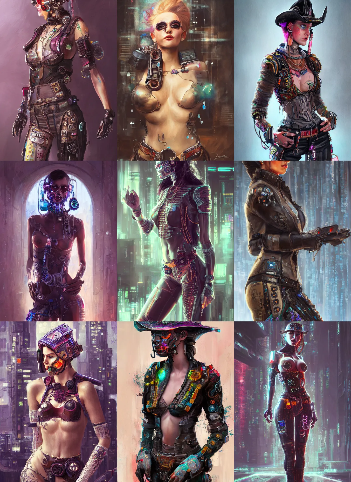 Prompt: detailed full body concept art, fine art oil paint illustration of a cyberpunk cowgirl with beautiful face and eyes wearing intricate clothing, soft lighting and focus