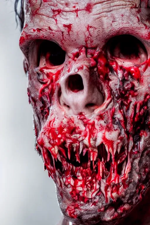Prompt: up close photograph of a real - life zombie from the tv show the walking dead hanging skin and jaw, bloody - brain matter oozing, studio camera shot on a red 5, award winning vfx and cinematography