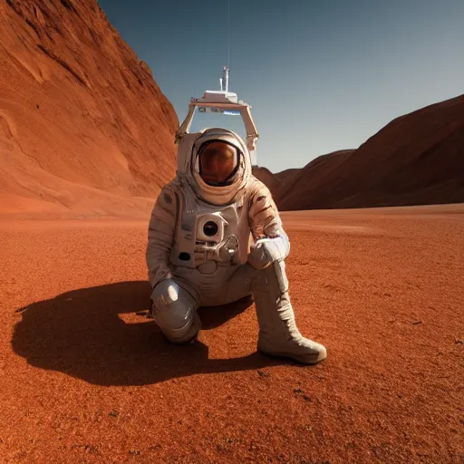 Prompt: Sir David Attenborough on the martian surface, (Sony a7R IV, symmetric balance, polarizing filter, Photolab, Lightroom, 4K, Dolby Vision, Photography Award)