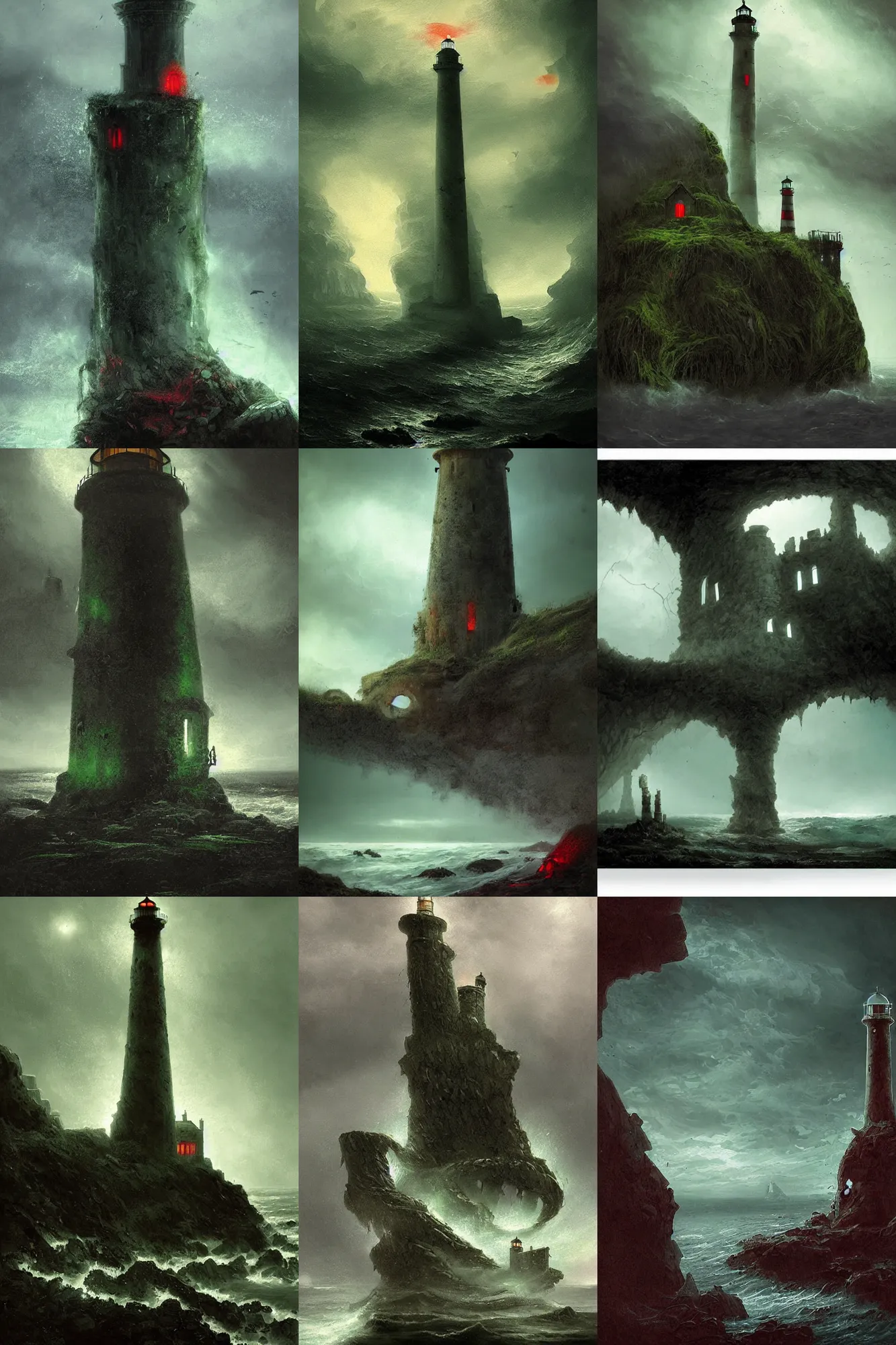 Prompt: standalone ruined lighthouse in england 1 8 century, ruined, covered by mold, dark cave entrance near, lovecraft, dark fluid, green and black colors, foggy, red tentacles, fantasy digital art, storm, night, black sea, by greg rutkowski