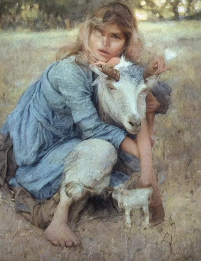 Image similar to portrait of peasant girl pet a goat, cottage core, cinematic focus, polaroid photo bleached vintage pastel colors high - key lighting, soft lights, foggy, by steve hanks, by lisa yuskavage, by serov valentin, by tarkovsky, 8 k render, detailed, oil on canvas