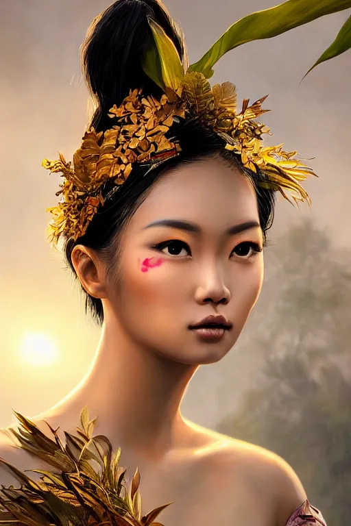 Image similar to stunningly beautiful, filipina geisha prima ballerina in jungle, symmetrical face, golden hour, smooth, focus, highly detailed, hyper realistic, dramatic lighting, elegant, intricate, concept art, art by wlop, mars ravelo, greg rutowski, artstation