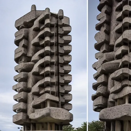 Image similar to a fantastical twisted brutalist tower