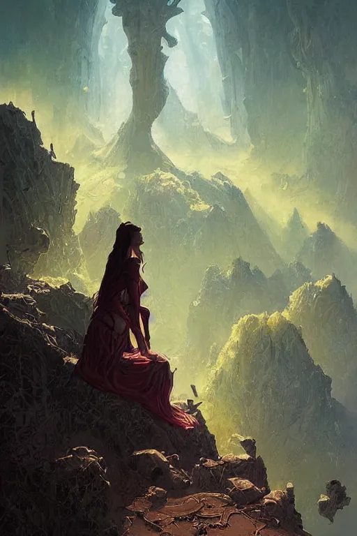 Image similar to fantasy painting with a woman in a surreal environment by Greg Rutkowski and Michael Whelan