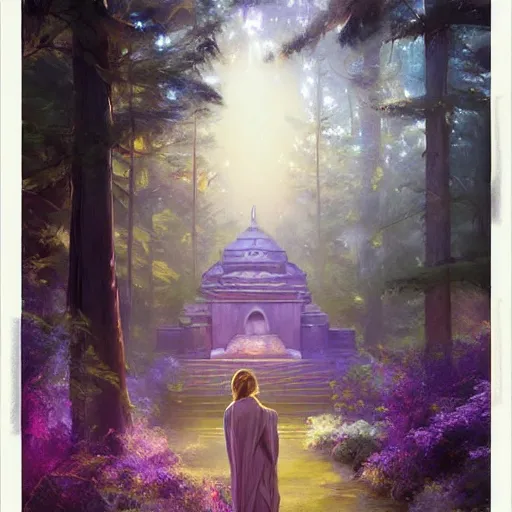 Image similar to mystical realistic poster with shaded lighting by craig mallismo, artgerm, jeremy lipkin and michael garmash, radiant light, detailed and complex environment solace, peaceful mist, beautiful, utopic spiritual city with temples, old growth pine trees, overlaid sacred geometry, with implied lines, gradient of purple and blue