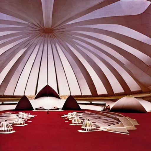 Image similar to interior of a futuristic lotus temple with gold, red and white marble panels, in the desert, by buckminster fuller and syd mead, intricate contemporary architecture, photo journalism, photography, cinematic, national geographic photoshoot