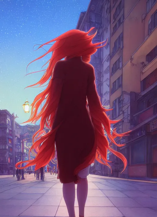 Image similar to beautiful young woman with long red hair walking down city street at night, path traced, highly detailed, high quality, digital painting, by studio ghibli and alphonse mucha, leesha hannigan, makoto shinkai, disney