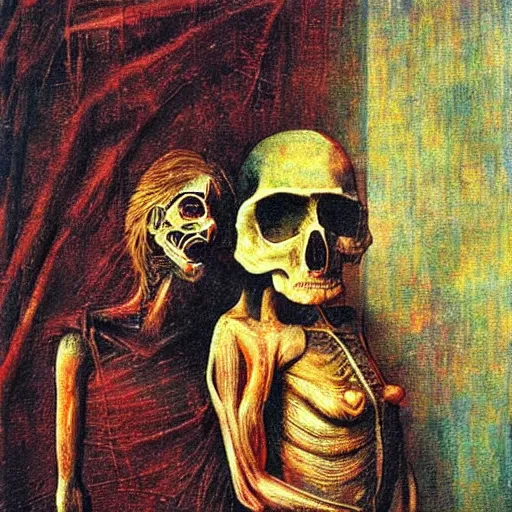 Prompt: Because I could not stop for Death, He kindly stopped for me The carriage held but just ourselves And Immortality. in the style of Max Ernst