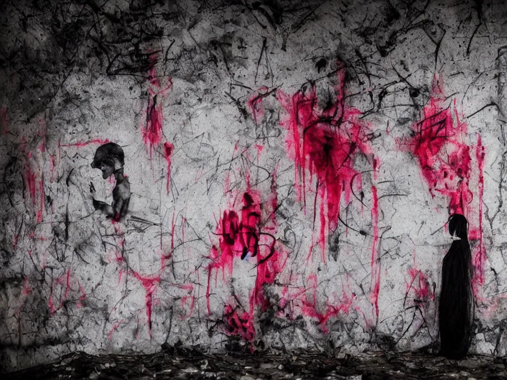 Prompt: ghost wraith apparition caught on camera, graffiti in an abandoned bunker, cute fumo plush gothic black enigmatic maiden girl painted in spilt red ink and washed watercolor, minimalist avant garde pop art, filmic, vignette, captured on canon eos r 6
