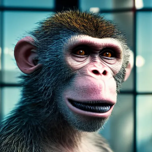 Image similar to Photography of ultra mega super hyper realistic detailed monkey by Hiromasa Ogura . Photo made from 30 meters distance on Leica Q2 Camera, Rendered in VRAY and DaVinci Resolve and MAXWELL and LUMION 3D, Volumetric natural light. Wearing cyberpunk suit with many details by Hiromasa Ogura .Rendered in VRAY and DaVinci Resolve and MAXWELL and LUMION 3D, Volumetric natural light