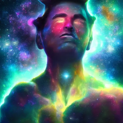 Prompt: photorealistic fantasy cosmic concept art of a cosmic god made out of nebulas and the cosmos hovering in a unknown galaxy, fully body portrait, cinematic, dynamic lighting, ultra detailed, creative, trending on art station, creative