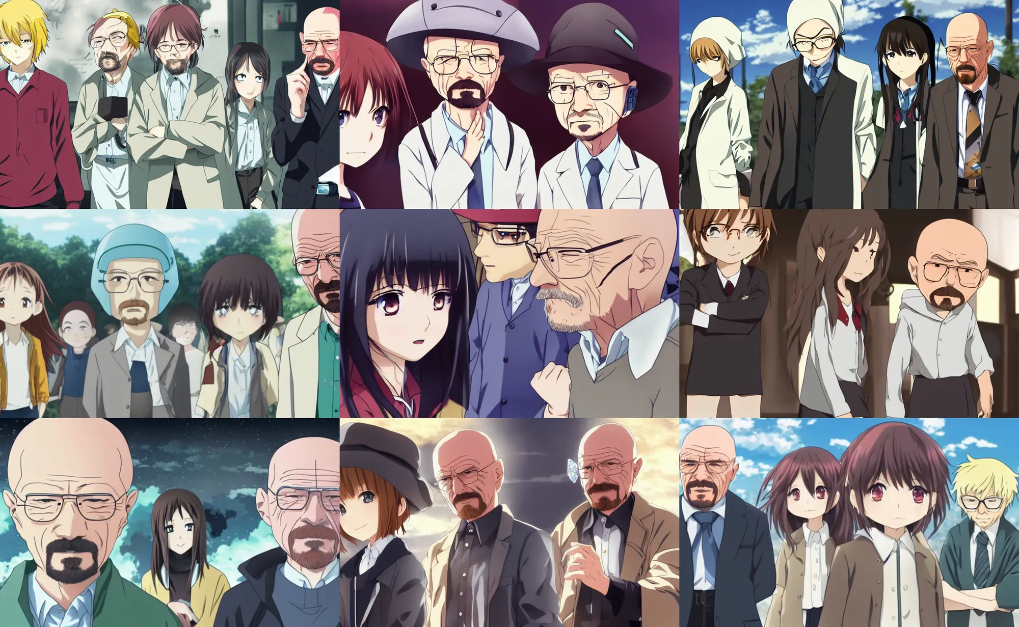 Prompt: shy anime girl staring at Walter White as Heisenberg from Breaking Bad, anime key visual