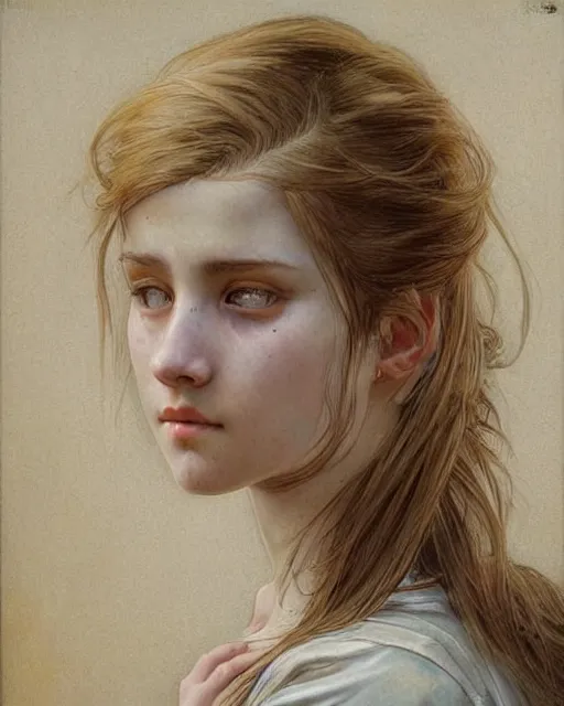 Prompt: portrait of 1 6 - year - old woman with dirty blonde hair down to her waist, pale eyebrows and protuberant silver eyes, wearing white shirt, hyper realistic face, beautiful eyes, fantasy art, in the style of greg rutkowski, intricate, alphonse mucha, hyper detailed, smooth