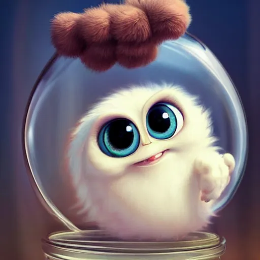 Image similar to cutie fluffy creature with big eyes in a jar, digital art, 3 d, octave render, masterpiece, mega detailed, pixar, disney, vivid illustration, fantasy, by george stubbs, frederic leighton, james jean