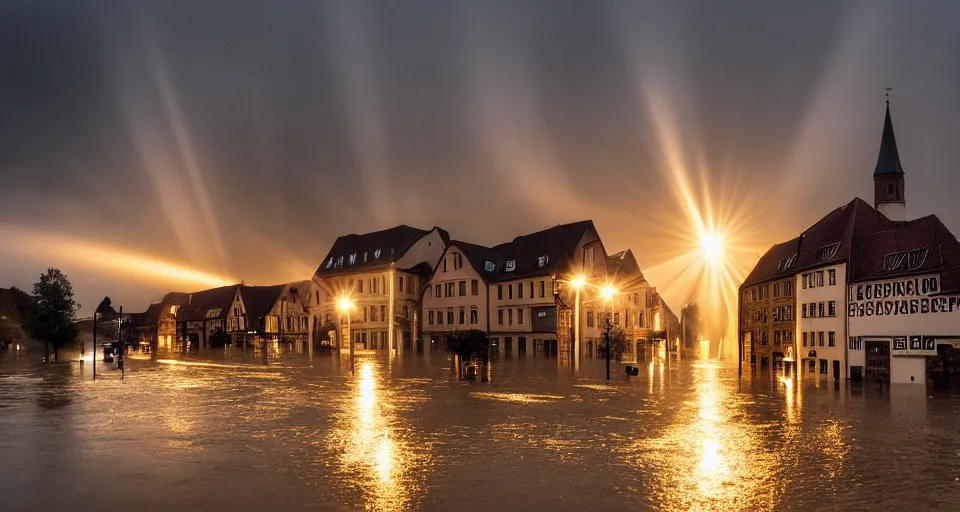 Prompt: award-winning photograph of a german town being flooded, dramatic lighting, hazy atmosphere, god rays, wide focal length, Sigma 85mm f/2, dramatic perspective, chiaroscuro, at dusk