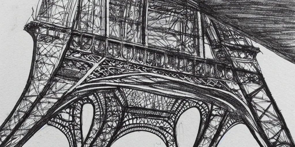 Prompt: architectural design studies of Eiffel Tower, different closeup view, drawn by Leonardo da vinci, ink and pen draw, artistic, intricated
