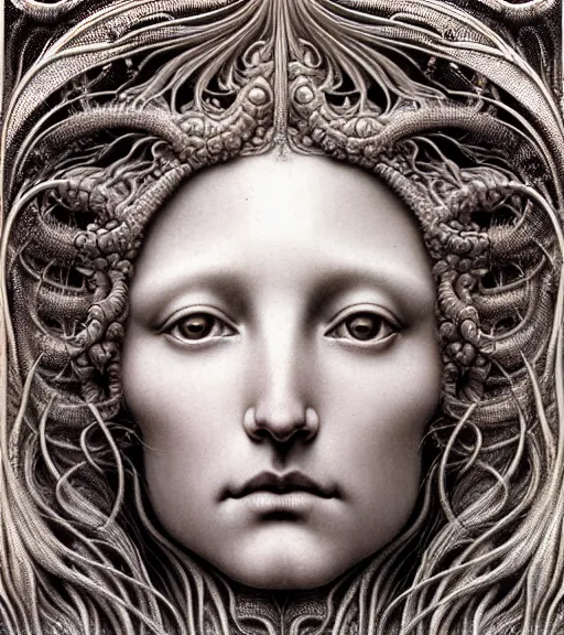 Image similar to detailed realistic beautiful silver goddess face portrait by jean delville, gustave dore, iris van herpen and marco mazzoni, art forms of nature by ernst haeckel, art nouveau, symbolist, visionary, gothic, neo - gothic, pre - raphaelite, fractal lace, intricate alien botanicals, biodiversity, surreality, hyperdetailed ultrasharp octane render