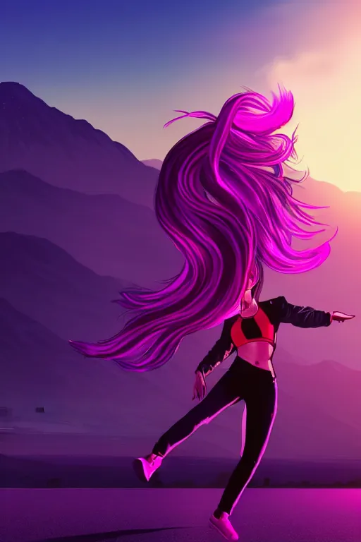 Prompt: a stunning GTA V loading screen with a beautiful dancing woman with ombre purple pink hairstyle, hair blowing in the wind, sunset mood, outrun, vaporware, retro, digital art, trending on artstation