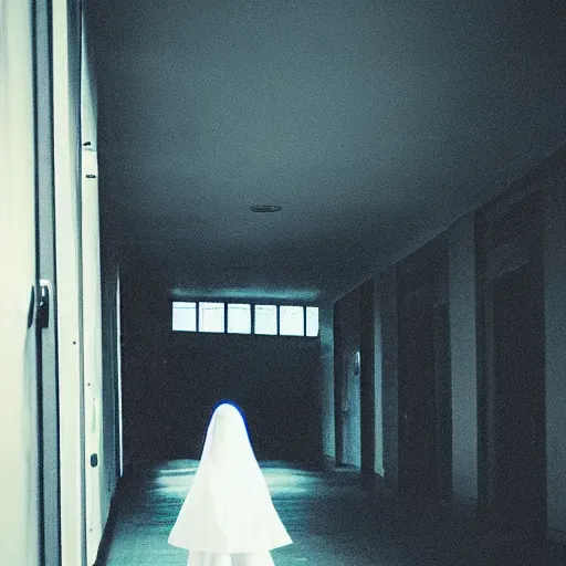 Image similar to “A beautiful photograph of a young girl as a ghost, blue lighting, hallway”