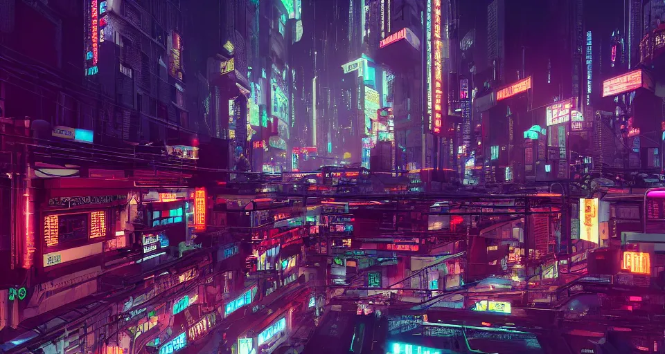 Prompt: hyper realistic street level cyberpunk city with stacked buildings, neon signs, detail, sharp focus, octane render, trending on artstation, cgsociety, 8 k