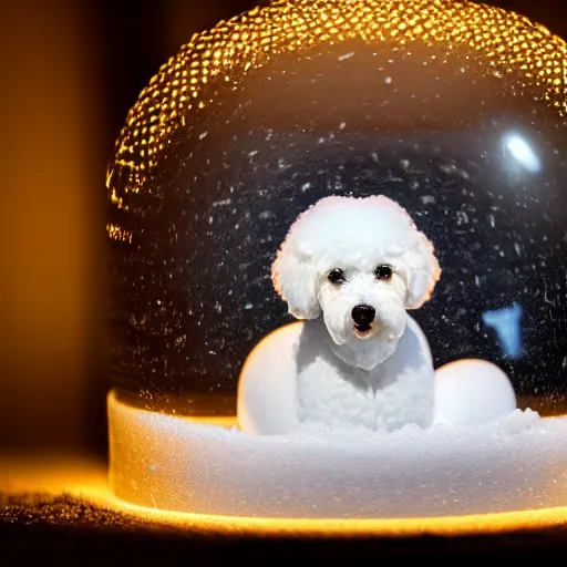 Image similar to a photorealistic photograph of a white bichon inside of a snow globe. illuminated scene. depth of field. fine detail. this 4 k hd image is trending on artstation, featured on behance, well - rendered, extra crisp, features intricate detail, epic composition and the style of unreal engine.