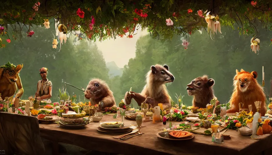 Image similar to a table dinner of exotic animals where animals are dressed like the characters from the midsommar movie wearing flowers, realistic detailed digital art by maxwell boas jessica rossier christian dimitrov anton fadeev trending on artstation cgsociety rendered in unreal engine 4 k hq