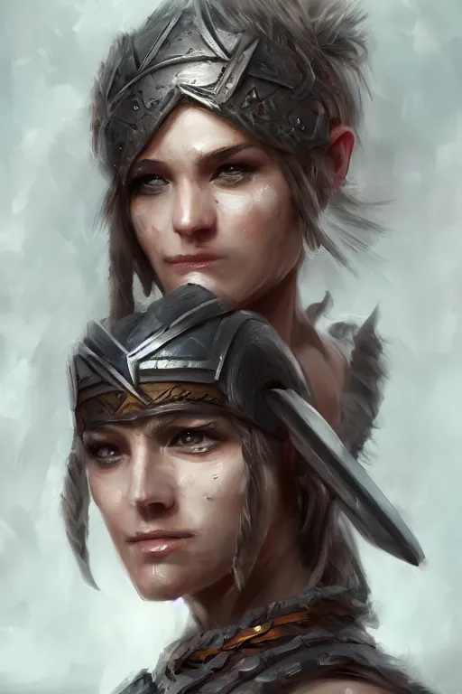 Prompt: head and shoulders portrait of a barbarian female, ultra sharp, very detailed, high quality focus by wlop