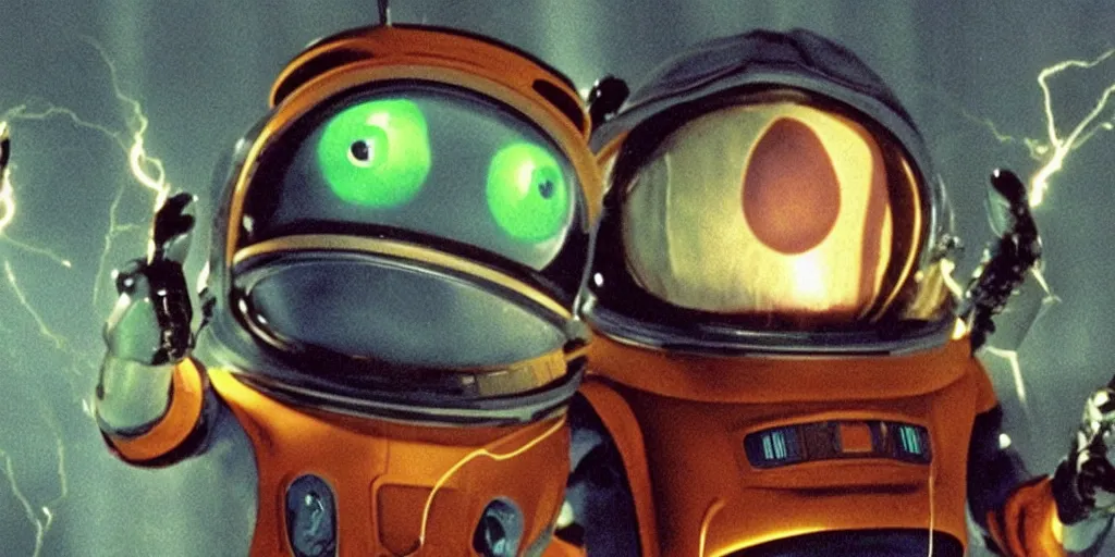 Prompt: lightning bug descendant 1 million in the future has hands and a mouth with big eyes. the bug wears a spacesuit, and explores the cosmos in a spaceship. science fiction blockbuster movie bugs save the planet or the bug from saturn, silent running ( film ), sttng ( television ), arrival ( film ), lightyear ( film )
