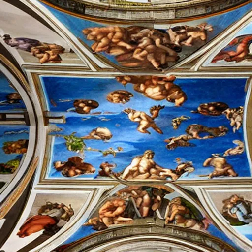 Image similar to Sistine chapel with a star wars painting, realistic, on the roof,