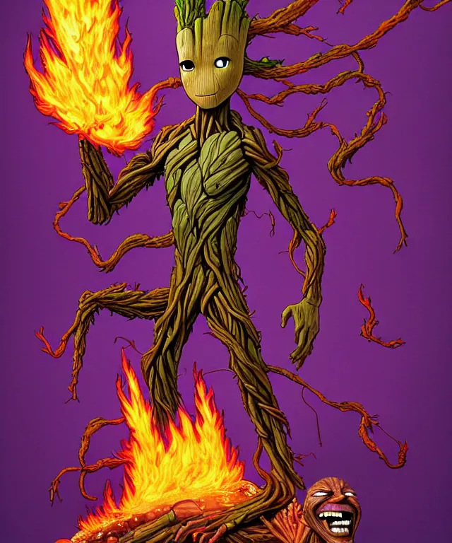 Image similar to groot being burned on fire, happy face, digital illustration by jenny frison and sana takeda and kentaro miura, fine inking lines, vivid colors, dnd, highly detailed!, hd, 4 k, trending on artstation