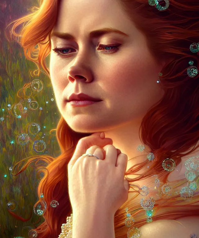 Image similar to a meditating Amy Adams with beads and crystals, portrait, intricate, elegant, highly detailed, digital painting, artstation, concept art, smooth, sharp focus, illustration, art by artgerm and greg rutkowski and alphonse mucha