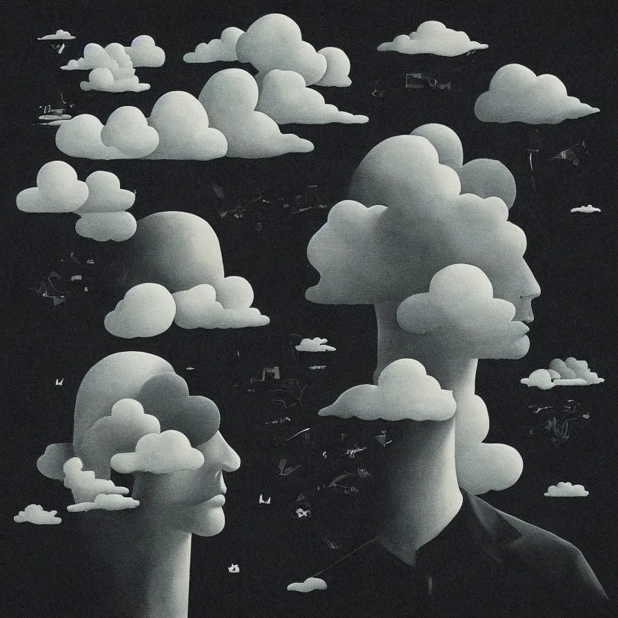Prompt: surrealist artwork of the atmospheric indie album titled :'when your head feels like a dark thunderous cloud '.
