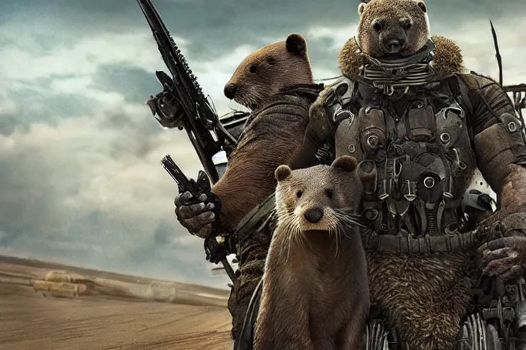 Image similar to a good ol'otter fursona ( from the furry fandom ), heavily armed and armored facing down armageddon in a dark and gritty version from the makers of mad max : fury road. witness me.