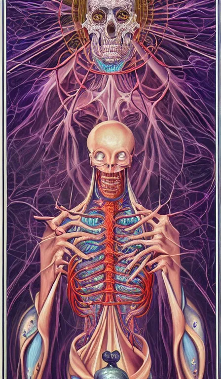 Prompt: a biomorphic painting of the hierophant tarot card! a anatomical medical illustration by nychos and alex grey, cgsociety, neo - figurative, pastel blues and pinks, detailed painting, rococo, oil on canvas, lovecraftian