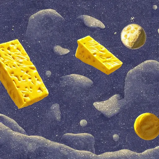 Image similar to an alien society on the moon made entirely from cheese. digital illustration. highly realistic and detailed.