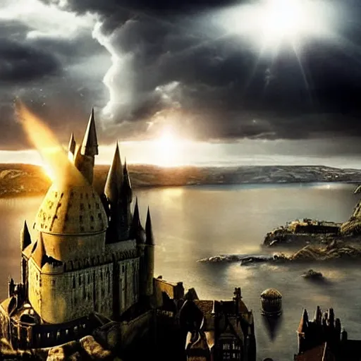 Image similar to Harry potter daniel radcliffe, yellow light spell, voldemort is visible, side view, thunderclouds, cinematic shot, wide shot, epic scale, photorealistic detail and quality, intricate cobblestone, magical special effects, movie still, nighttime, crescent moon, sharp and clear, action shot, intense scene, visually coherent, symmetry, rule of thirds, movement, photorealistic colors, cool colors transitioning to warm colors, modest tone, award winning, directed by Steven Spielberg, Christopher Nolan, Tooth Wu, Asher Duran, artstation